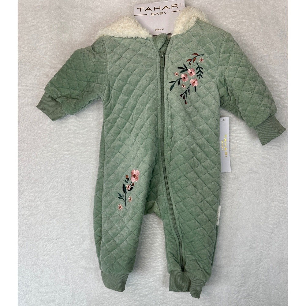 Tahari Baby Pram Suit Girl 3-6M Green Quilted Floral Hooded NWT